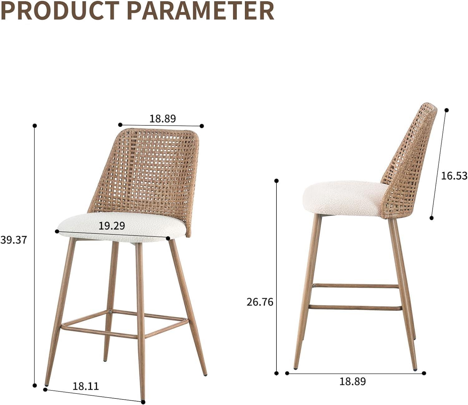 Nice Boucle Counter Stool Set Of 2,Beige Upholstered Rattan Counter Stool,27 Inch Stools With Back for Kitchen Island-Maison Boucle