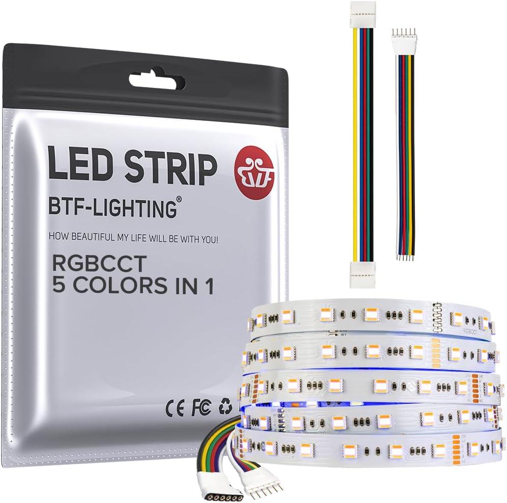 BTF-LIGHTING RGBCCT 5 Colors in 1 LED 5050SMD RGBWW RGB+Dimmable Tunable Color Temperature 2700K-6500K 16.4ft 60LEDs/m 300LEDs DC24V Multi-Colored Tape Lights IP30 White PCB(No Adapter or Controller)