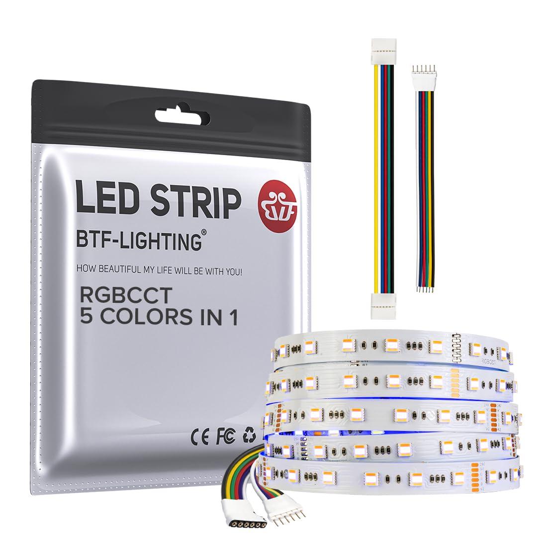 BTF-LIGHTING RGBCCT 5 Colors in 1 LED 5050SMD RGBWW RGB+Dimmable Tunable Color Temperature 2700K-6500K 16.4ft 60LEDs/m 300LEDs DC24V Multi-Colored Tape Lights IP30 White PCB(No Adapter or Controller)