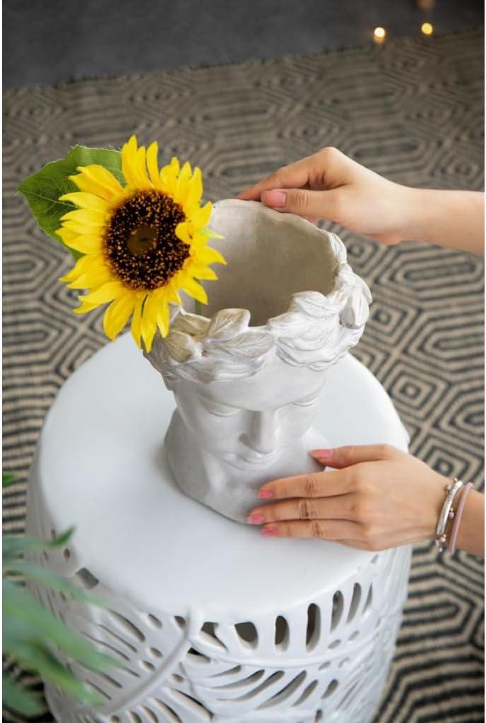 Classic Greek Lady Whitewash Cement Head Planter - Indoor/Outdoor Decor