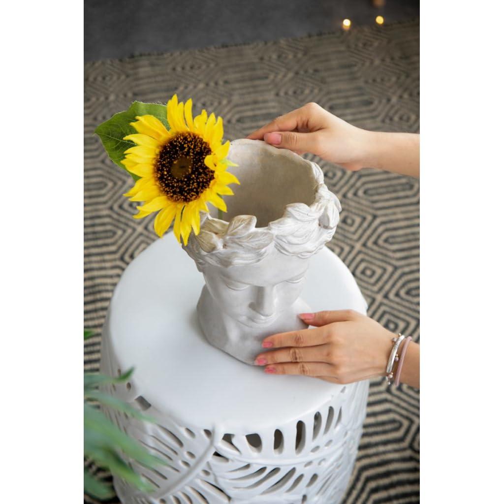 Classic Greek Lady Whitewash Cement Head Planter - Indoor/Outdoor Decor