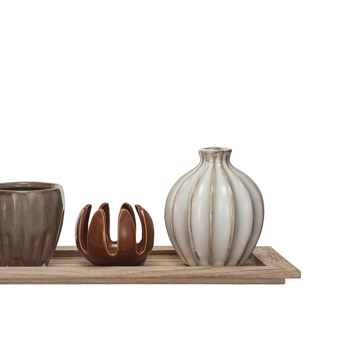 Creative Co-Op 5 Stoneware Votive Candle Holders on a Wood Tray with Reactive Glaze, Multicolor