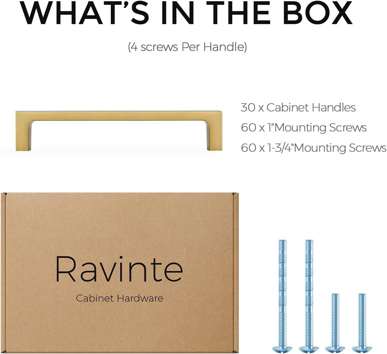 Ravinte 30 Pack 5 Inch Stainless Steel Cabinet Handles Square Cabinet Pulls Brushed Brass Cabinet Hardware Kitchen Cabinet Drawer Pulls Come with Screwdriver
