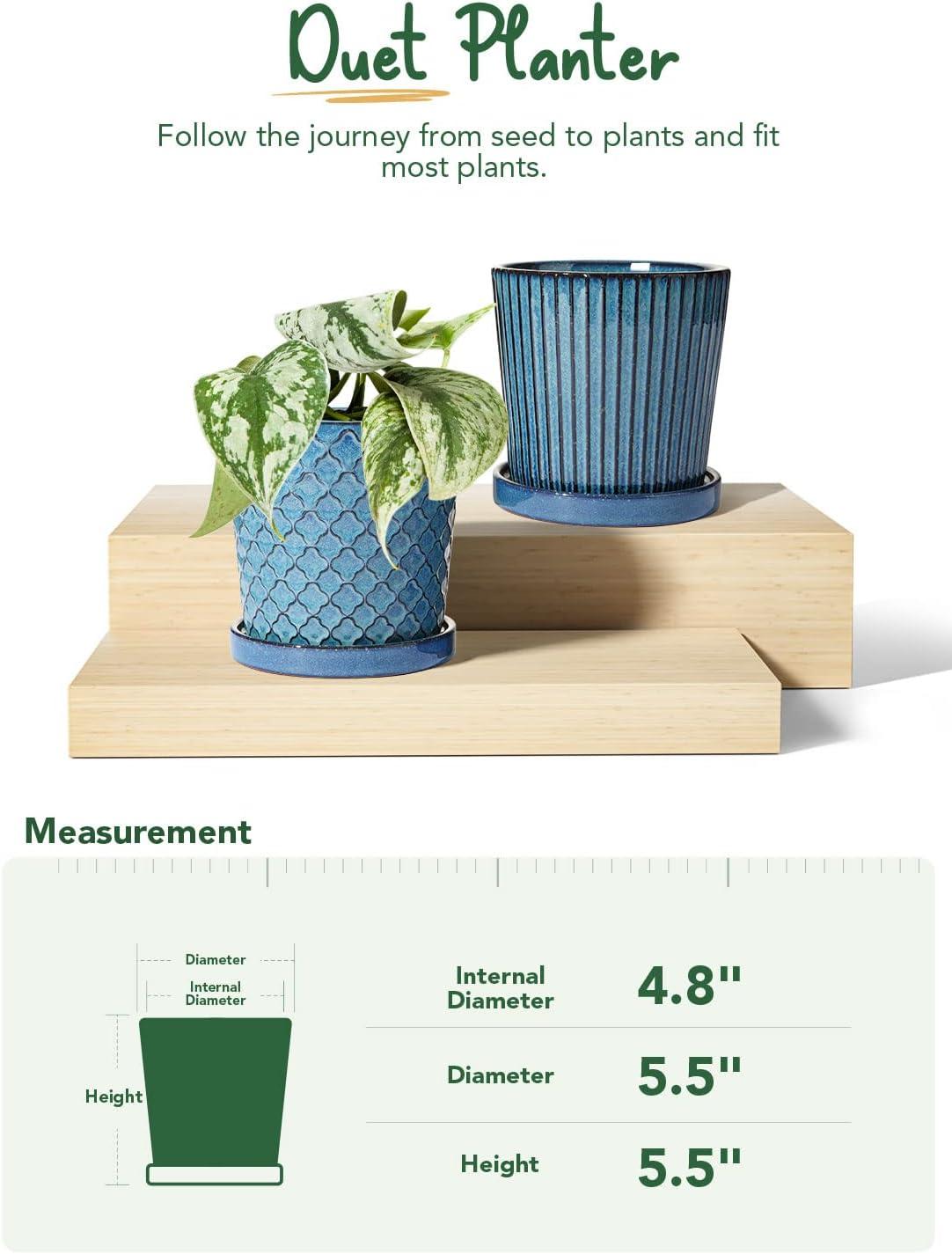 BEMAY 5.5" Plant Pots, Ceramic Indoor Planters with Drainage and Tray, Set of 2 Flower Pots for Succulent,Plants, Reactive Glaze Blue
