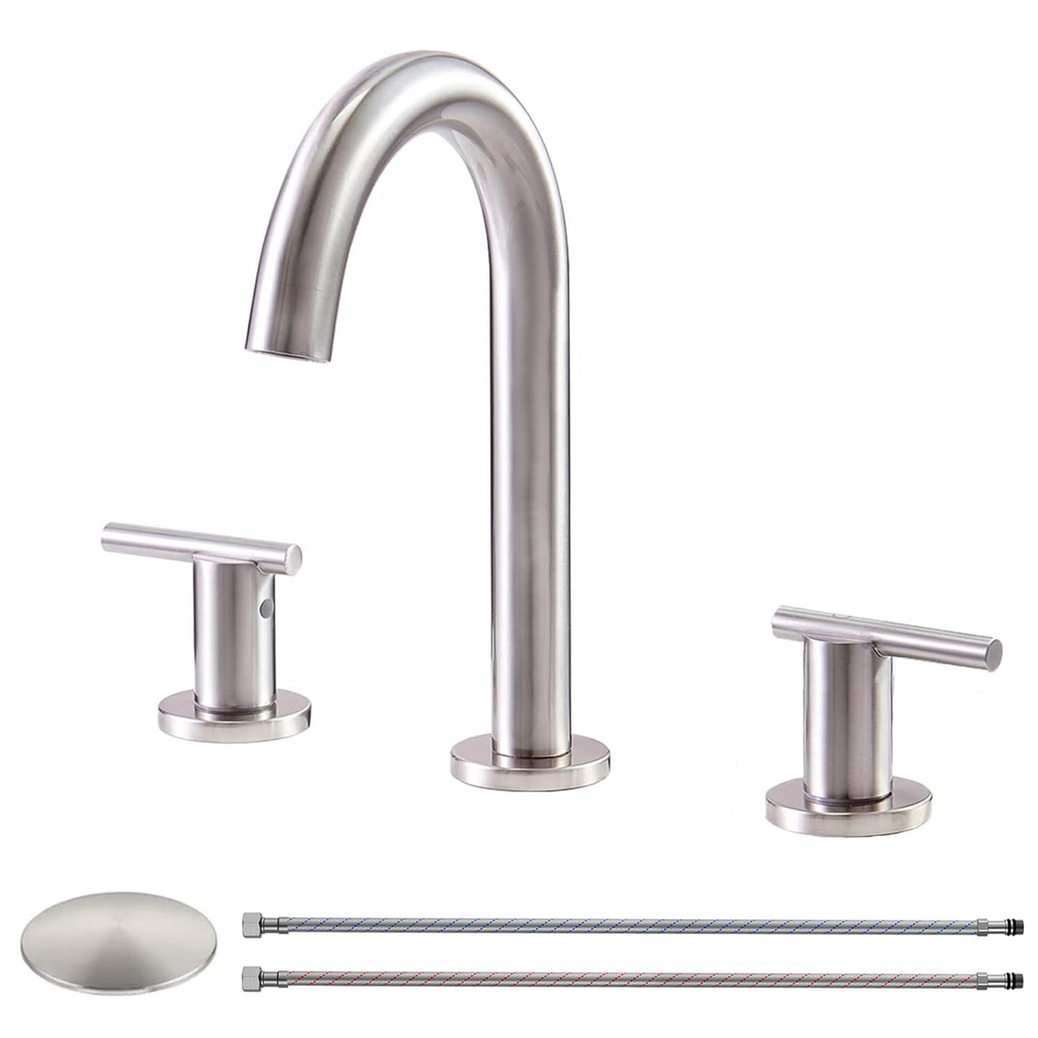 VAPSINT Black Bathroom Faucet 3 Hole, 8 Inch Widespread Matte Black Waterfall Bathroom Sink Faucet, 2 Handle Lavatory Vanity Faucet for Bathroom Sink with Pop Up Drain & Supply Hoses