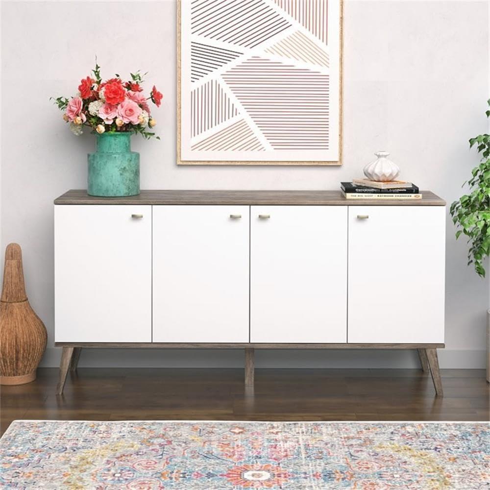 Milo Mid-Century Modern 4 Door Buffet Server Gray/White - Prepac: Laminated Composite Wood, Adjustable Shelves