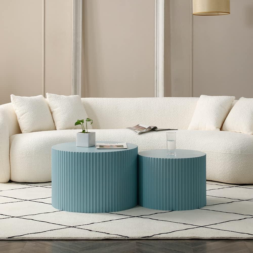 Blue Round Wooden Nesting Coffee Table Set