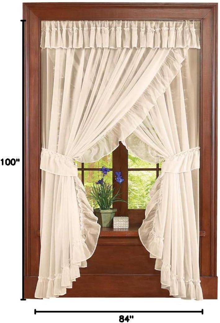Collections Etc Isabella Ruffled Sheer Fabric Rod Pocket Window Curtain Set, Cream