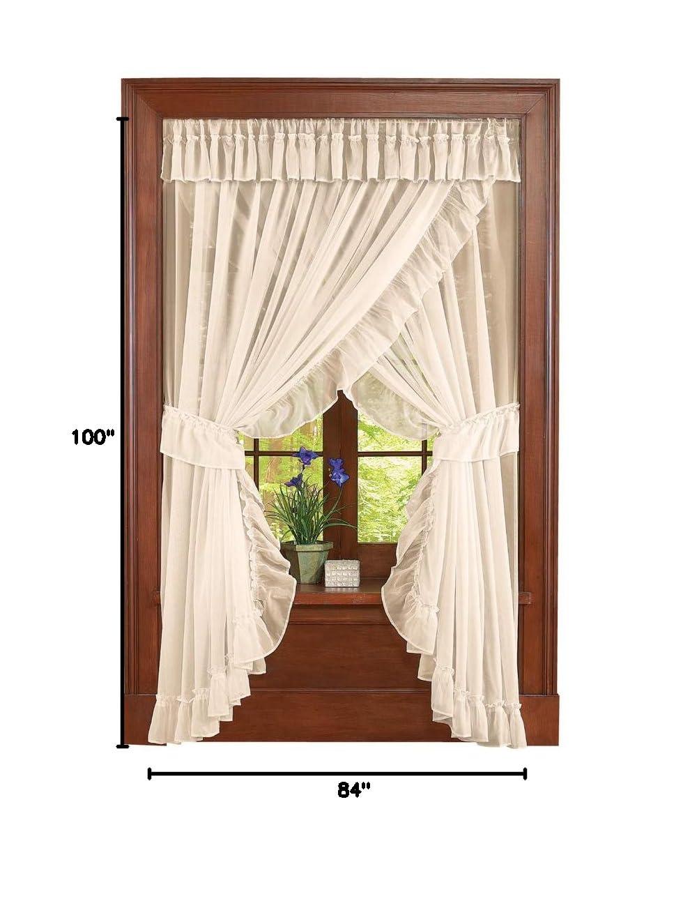 Collections Etc Isabella Ruffled Sheer Fabric Rod Pocket Window Curtain Set, Cream