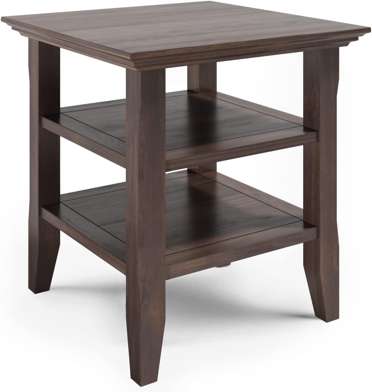 Warm Walnut Brown Solid Wood End Table with Storage Shelves