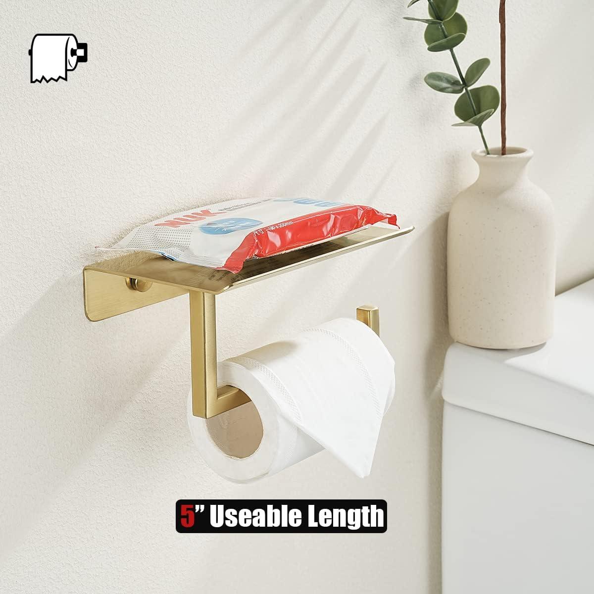 JQK Toilet Paper Holder Shelf, Bathroom Tissue Roll Holder with Phone Shelf, 5 Inch 304 Stainless Steel Tissue Paper Dispenser, Brushed Gold Finished Wall Mount, TPH202-BG