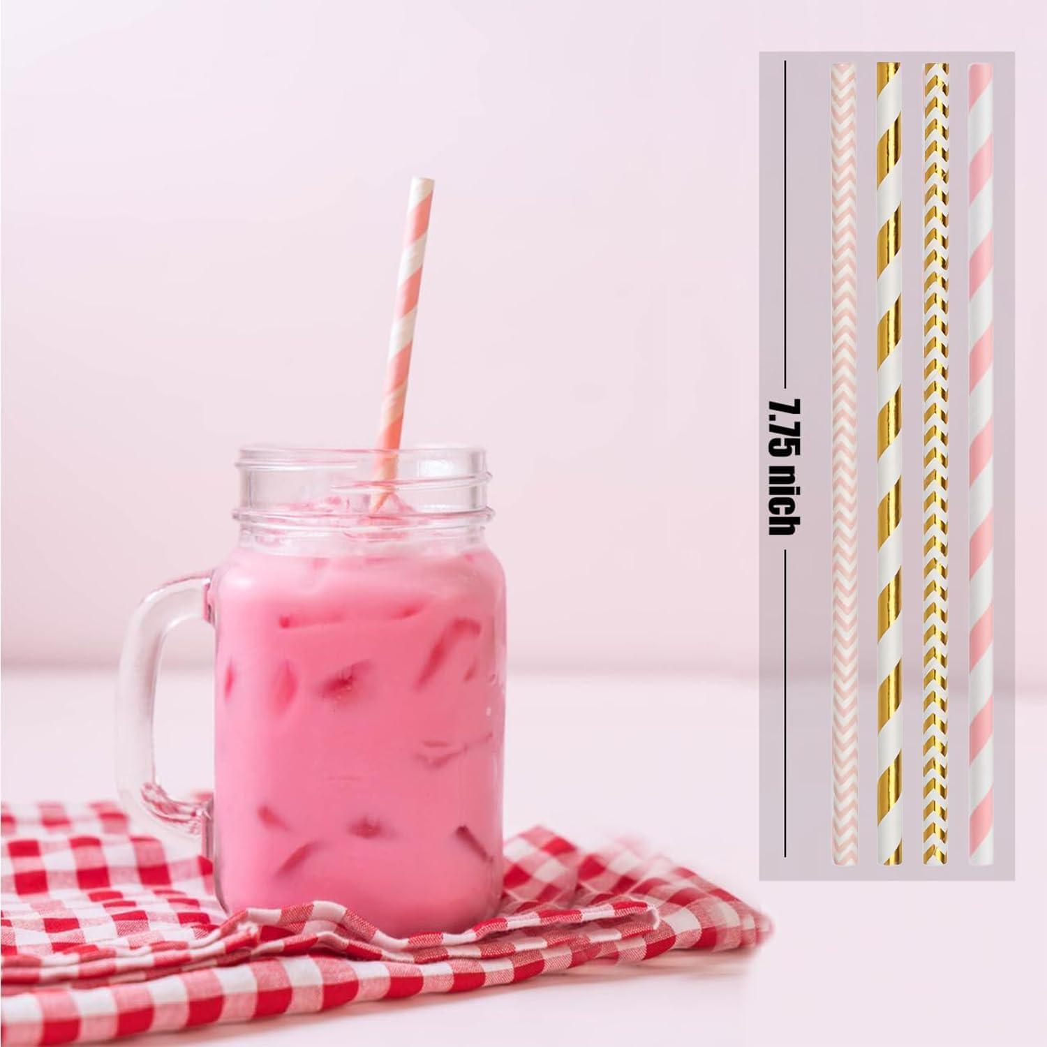 ALINK Biodegradable Paper Straws, 100 Pink and Gold Straws for Party Supplies, Birthday, Wedding, Bridal/Baby Shower, Christmas Decorations and Holiday Celebrations