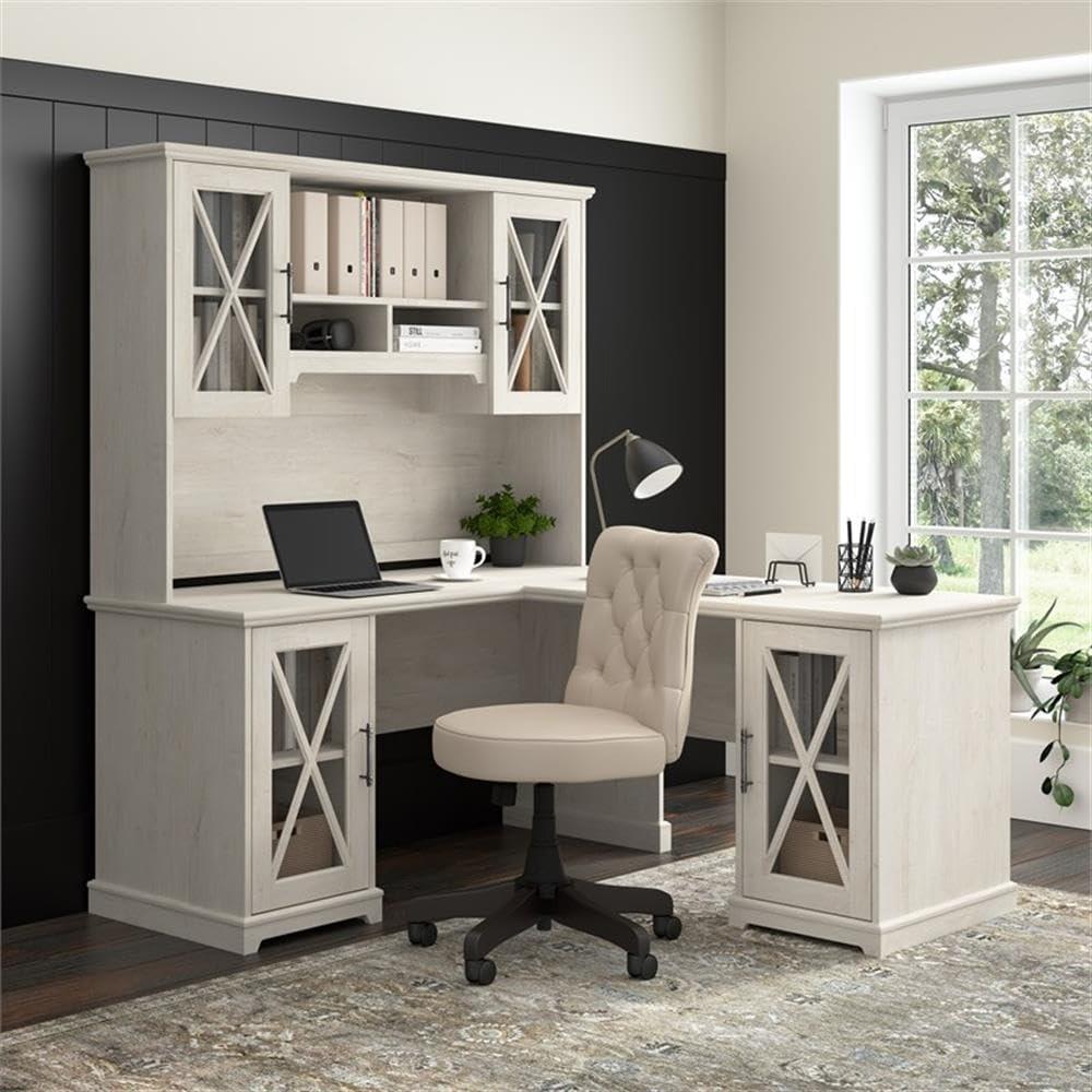 Linen White Oak L-Shaped Corner Desk with Hutch and Filing Cabinet