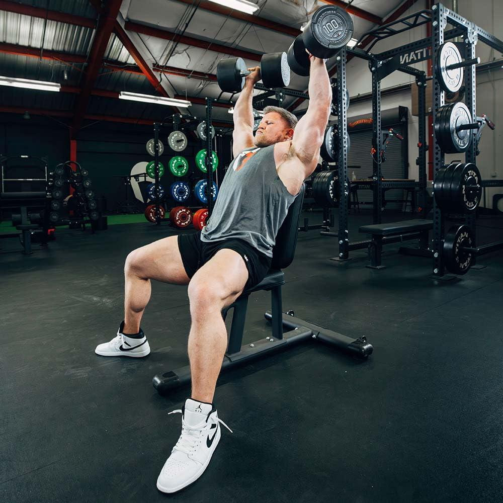 Titan Fitness Seated Stationary Bench, Rated 330 LB, Ergonomic Angled Back, Comfortable HeftyGrip Padding, Front Handle, Rear Wheels for Easy Transport, Utility Upright Weight Bench