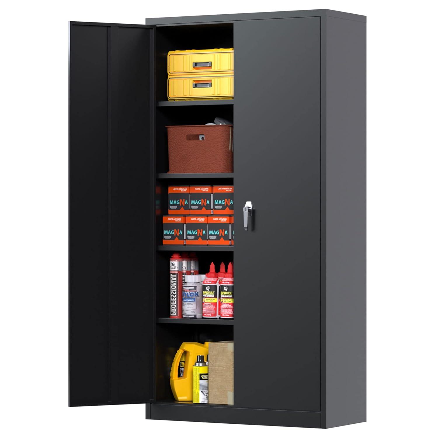 Drevy Metal Garage Storage Cabinet with Lock, 71" Steel Lockable File Cabinet, Locking Steel Storage Cabinet with 4 Adjustable Shelves for Home, Office, Warehouse, Garage, School (Black)