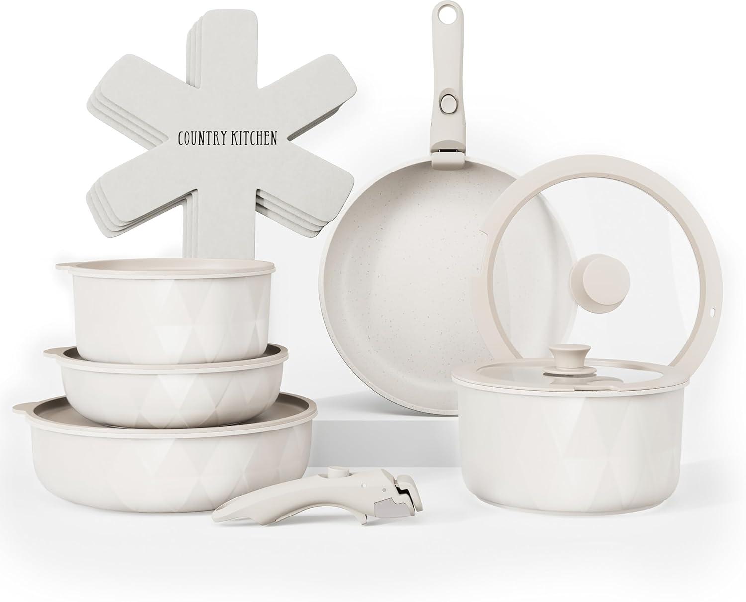 Country Kitchen 13-Pc Pots and Pans Set with Removable Handles Nonstick Cookware Set, Cream