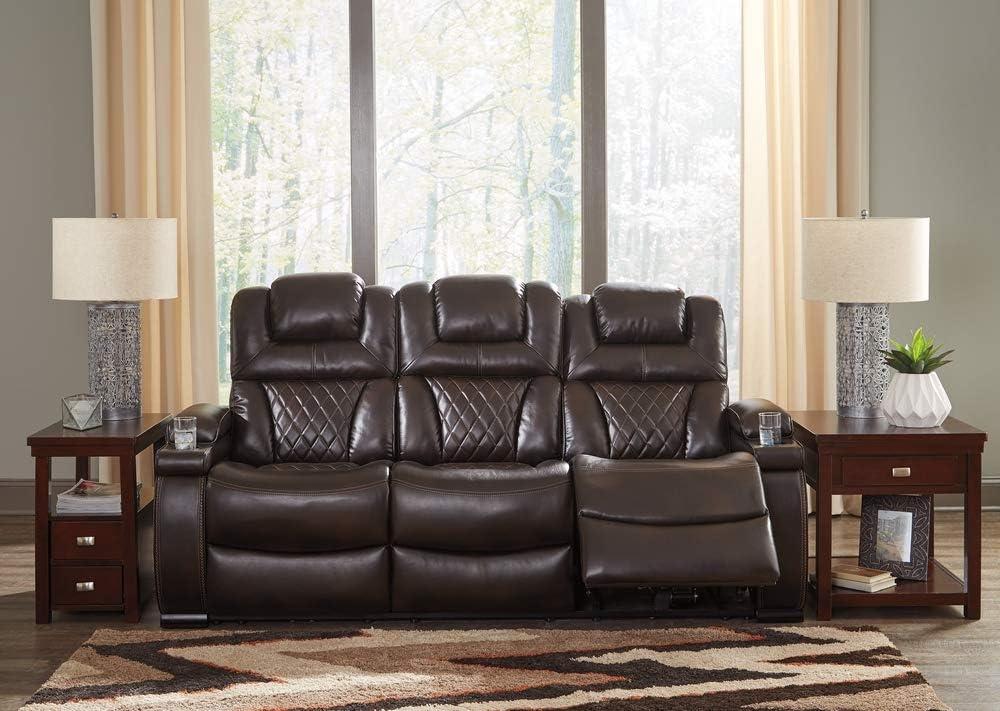 Warnerton Power Recliner Sofa with Adjustable Headrest Chocolate - Signature Design by Ashley: USB Port, Cup Holder, Storage