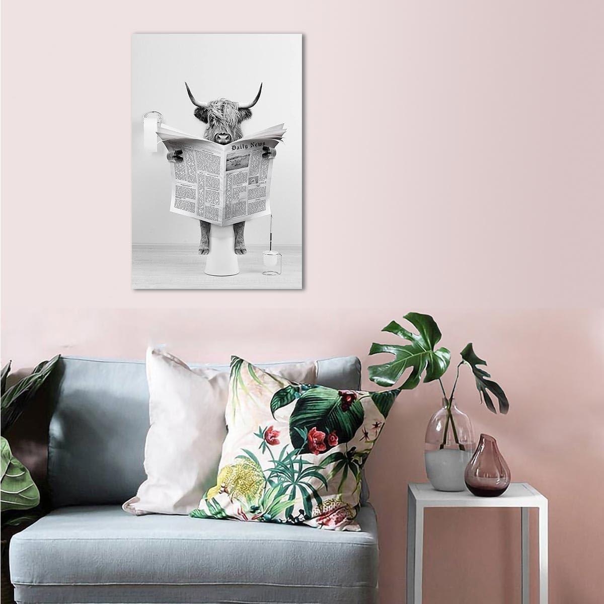 Modern Black Framed Highland Cow Wall Art Minimalist Bathroom Wall Decor Cute Funny Animals Artwork Canvas Prints Ready to Hang for Guest Bathroom, Hotel, Condo, Kids Bathroom, 12”x16”