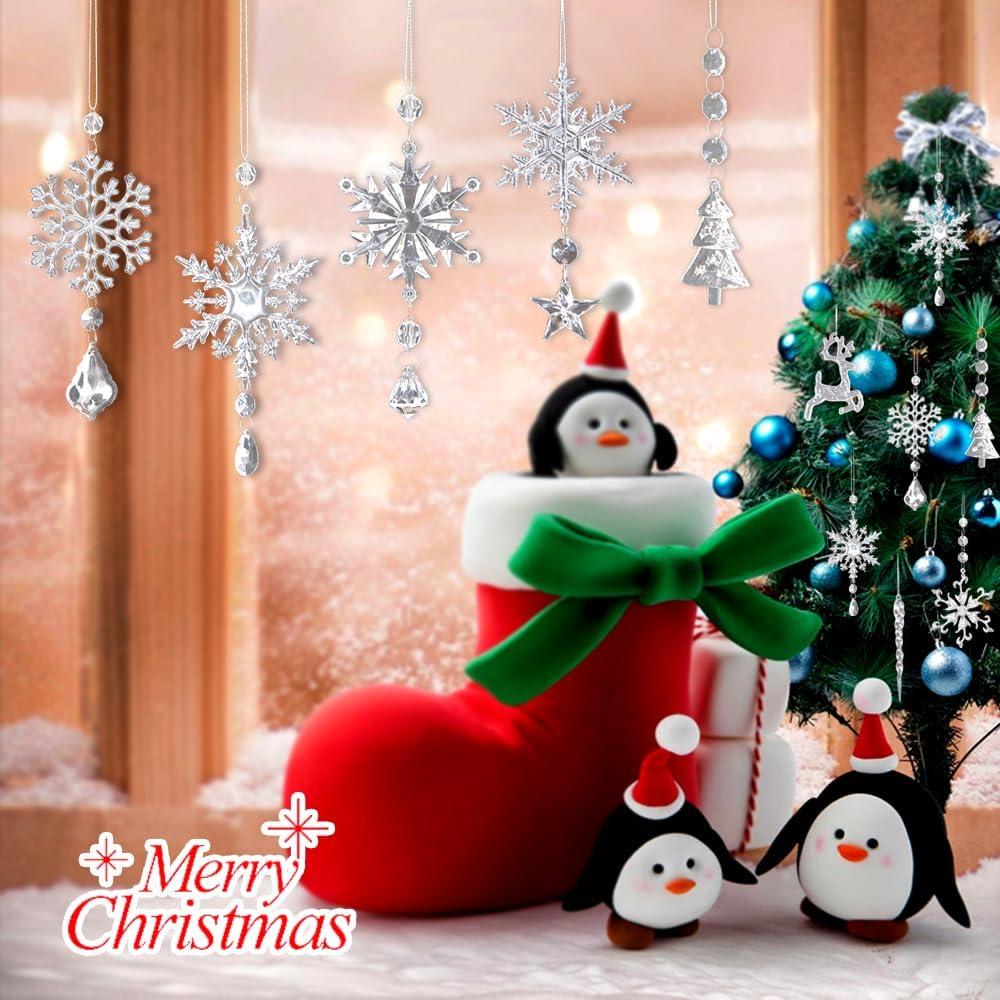 Meottam 18 Pieces Christmas Tree Ornaments - Hanging Acrylic Snowflake Icicle Drop Hanging Ornaments for Party Decor Christmas Wedding Birthday Winter Decor (Iridescent)