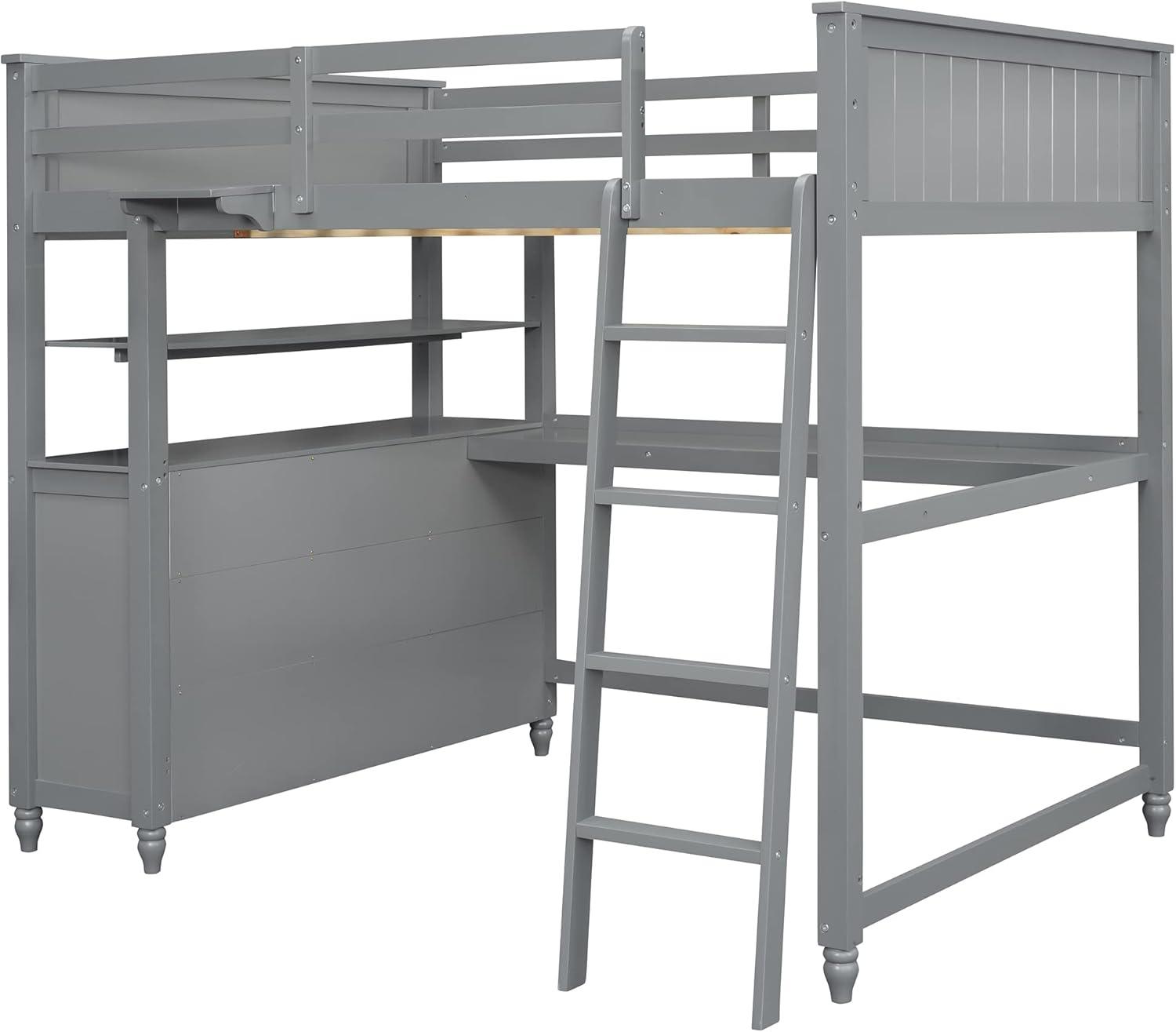 Full Size Loft Bed with Desk and Storage Drawers, Wood Loft Bed Frame with Shelves and Ladder for Kids Adults Boys Girls Teens, Gray