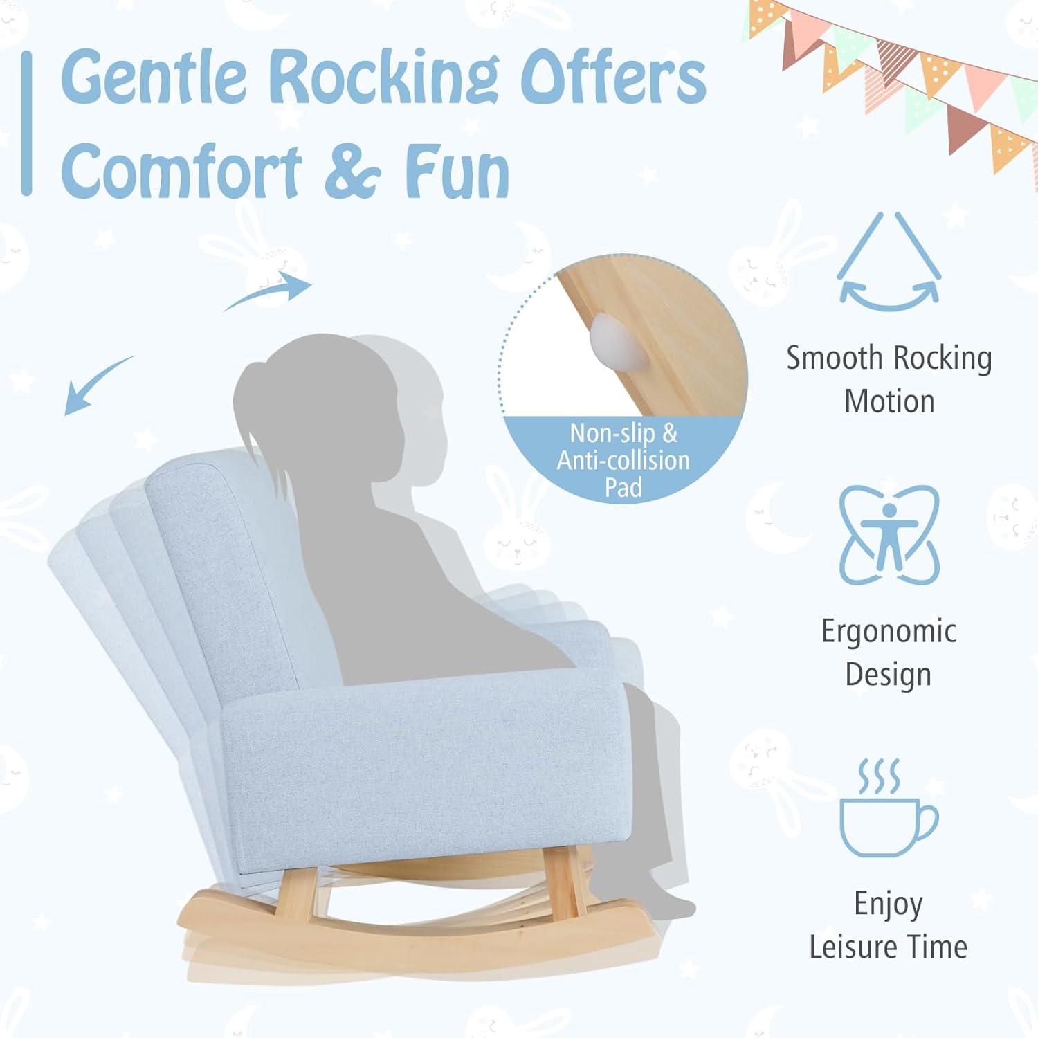 Gymax Kids Rocking Chair Children Armchair Linen Upholstered Sofa w/ Solid Wood Legs Blue