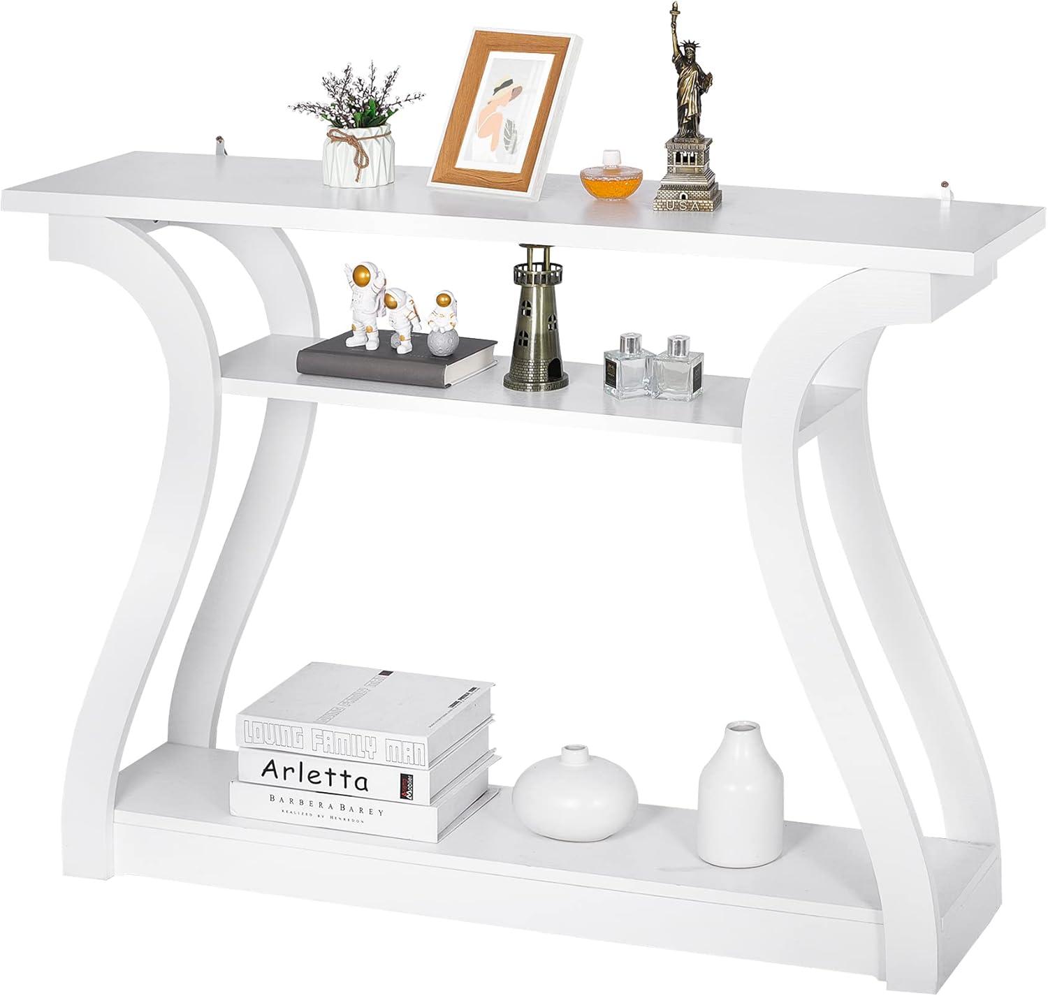 White MDF Console Table with Curved Legs and Shelves