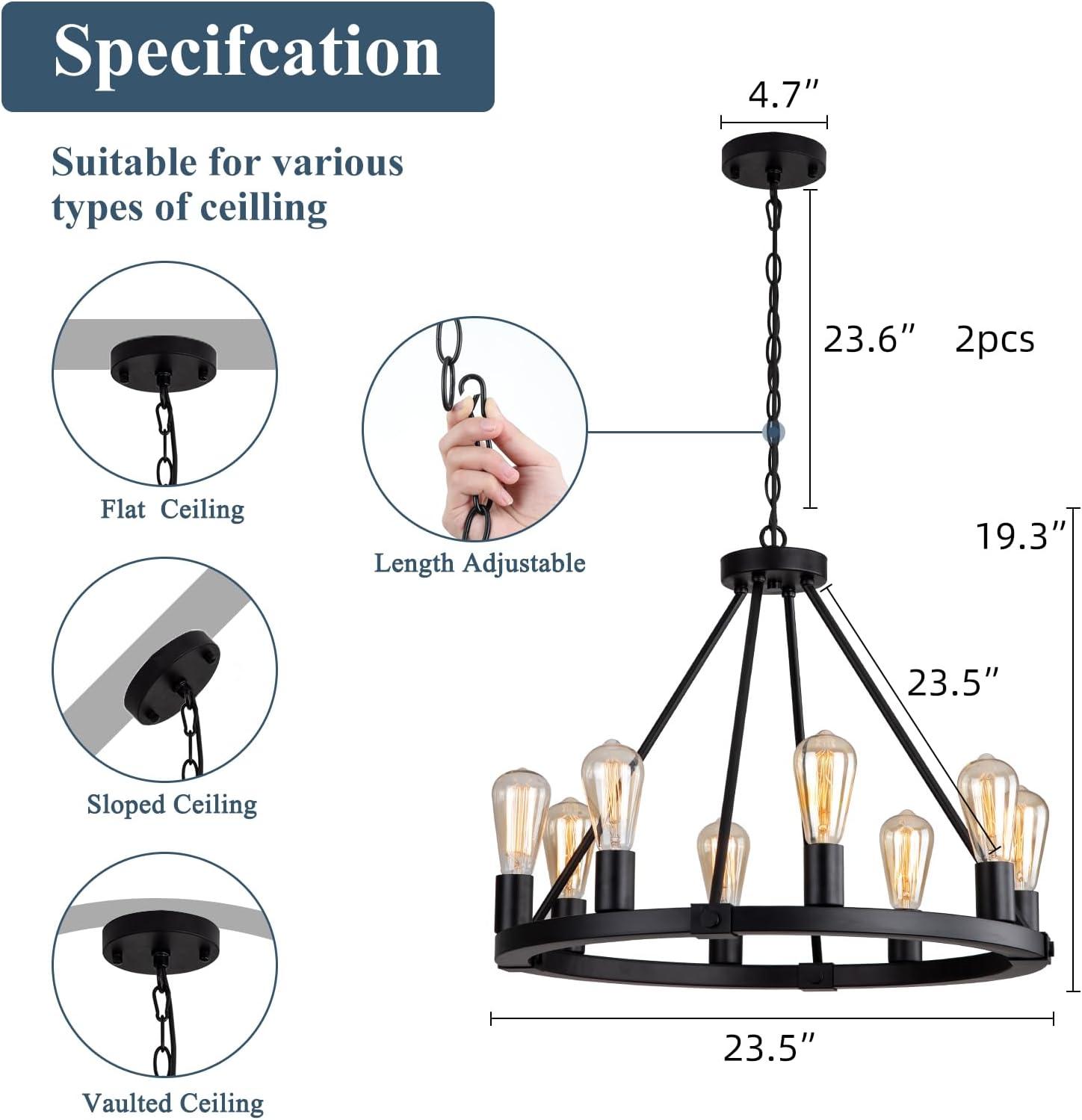 Black Metal 24" 8-Light Wagon Wheel Chandelier