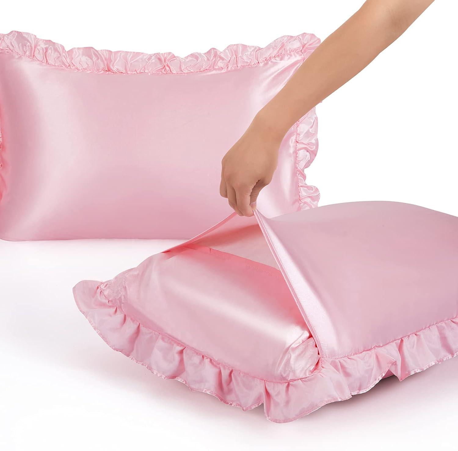 Blush Pink Satin Ruffled Standard/Queen Pillowcase Set