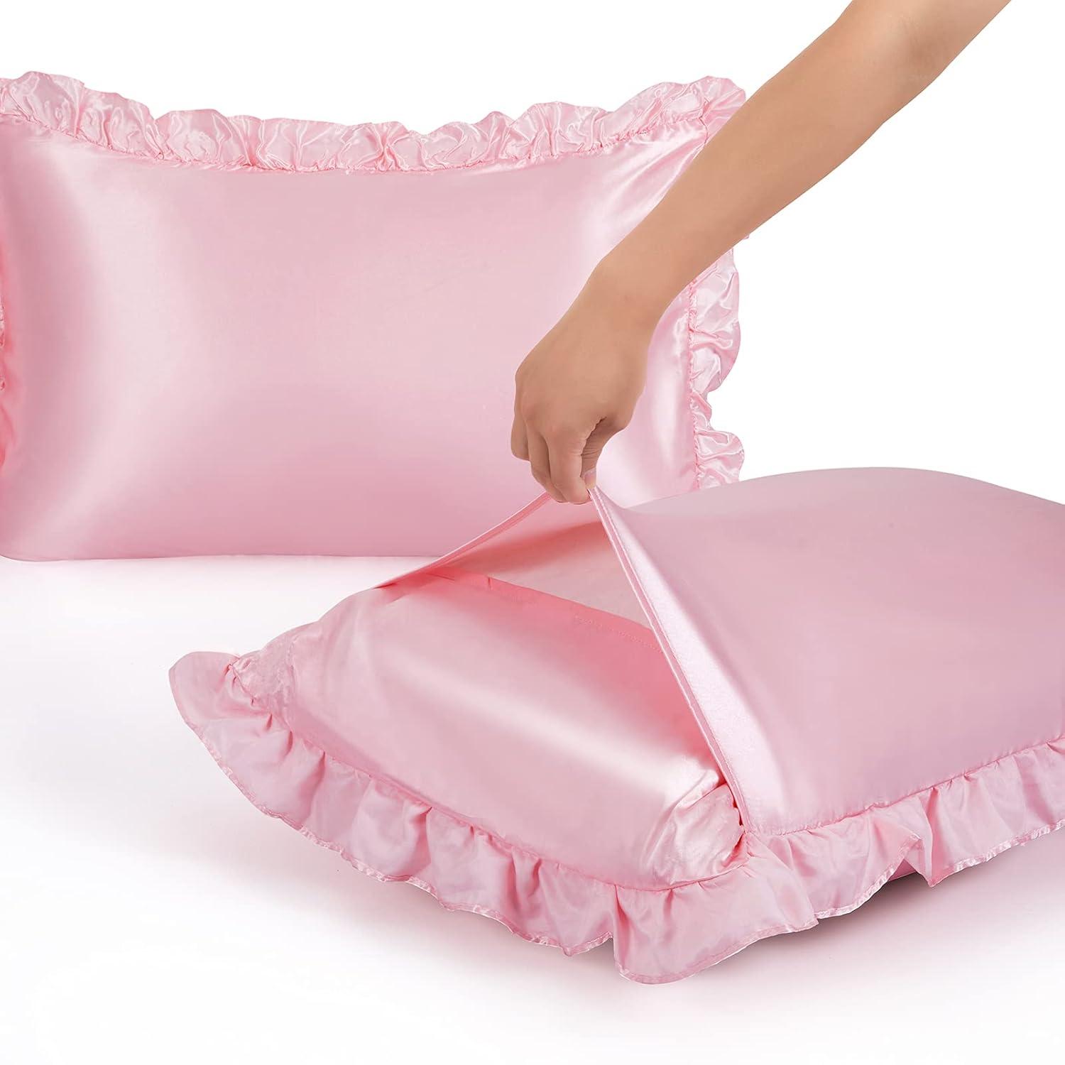 SiinvdaBZX Ruffled Queen Satin Pillowcase Set of 2, Blush Pink Silky Satin Pillow Cases for Women Ruffle Pillow Shams Covers Princess Room Decoration, with Envelope Closure