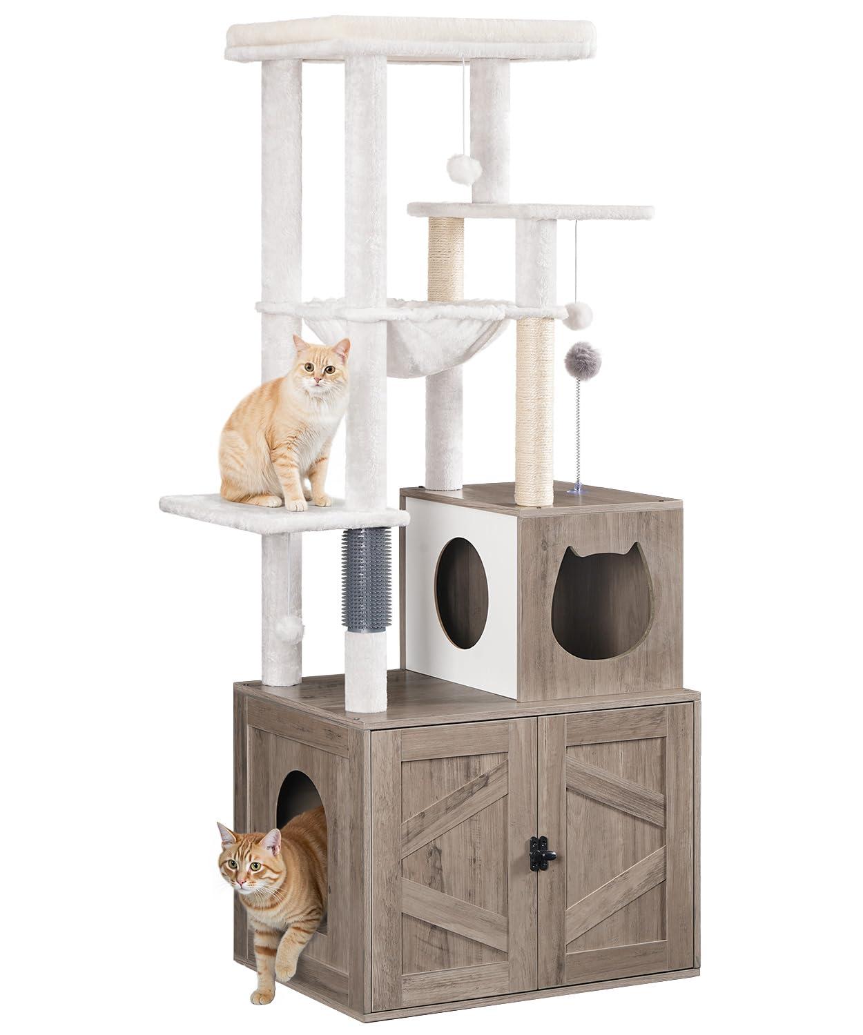 Litter Box Enclosure with Cat Tree, 2-in-1 Cat Tree Tower, Hidden Cat Litter Box Furniture with Scratching Post, Modern Cat Condo, Grey