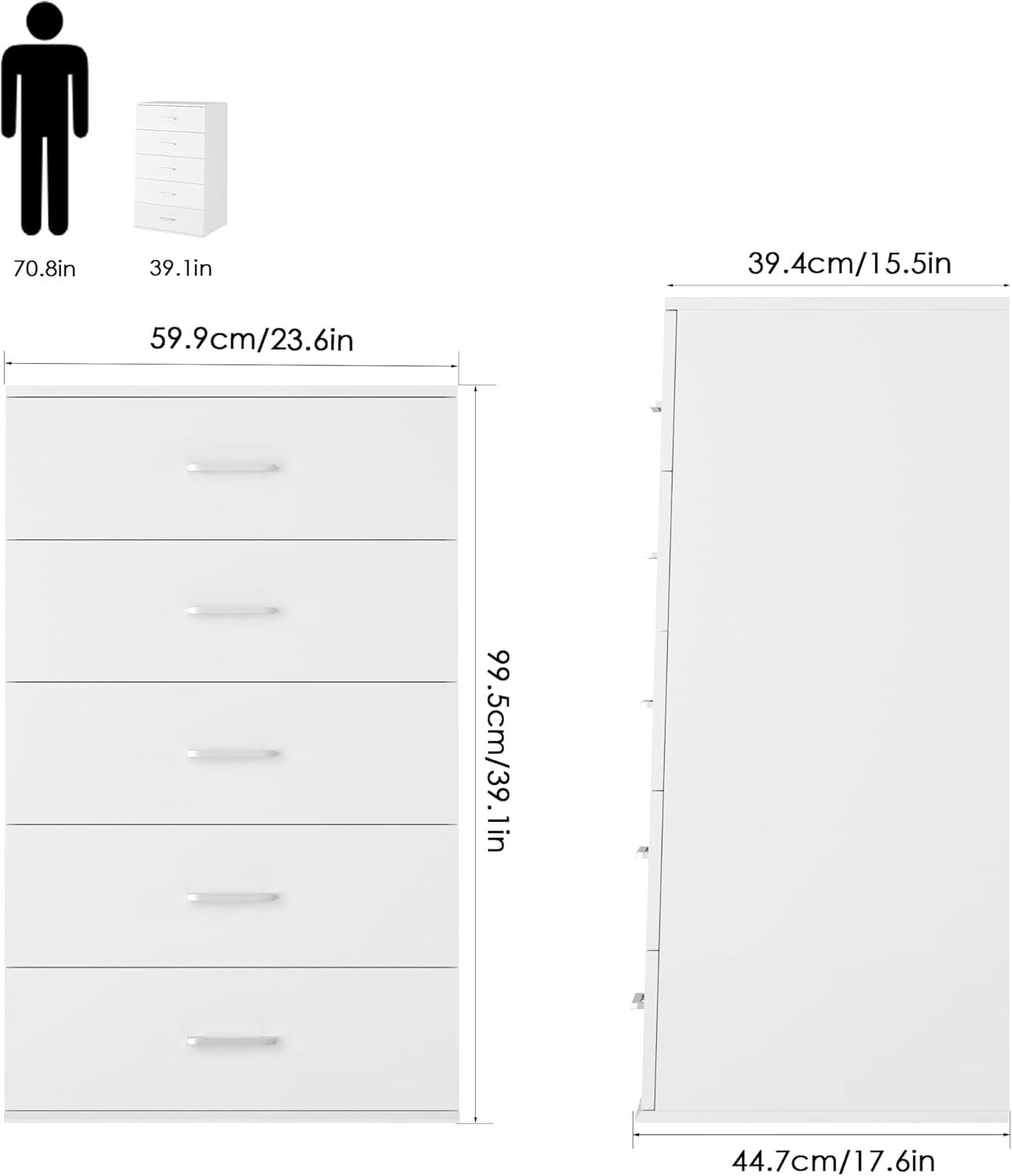 White Vertical 5-Drawer Dresser with Metal Handles