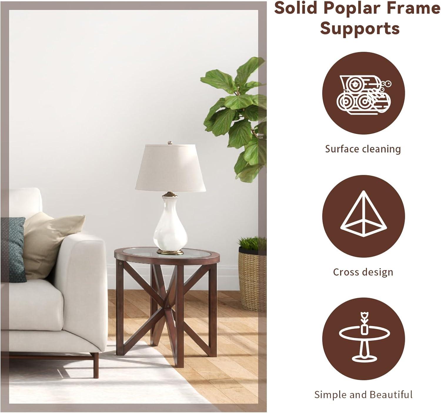 Modern Sofa Side Table, Coffee Table With Round Transparent Glass Top, Small End Table With Solid Wood Tripod For Living Room, Bedroom, Terrace