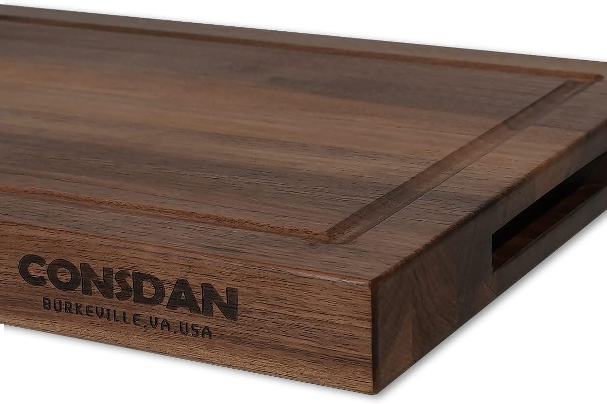 CONSDAN Black Walnut Butcher Block Cutting Board with Invisible Inner Handles, USA Grown Hardwood, 1-1/2" Thick, 16" L x 12" W