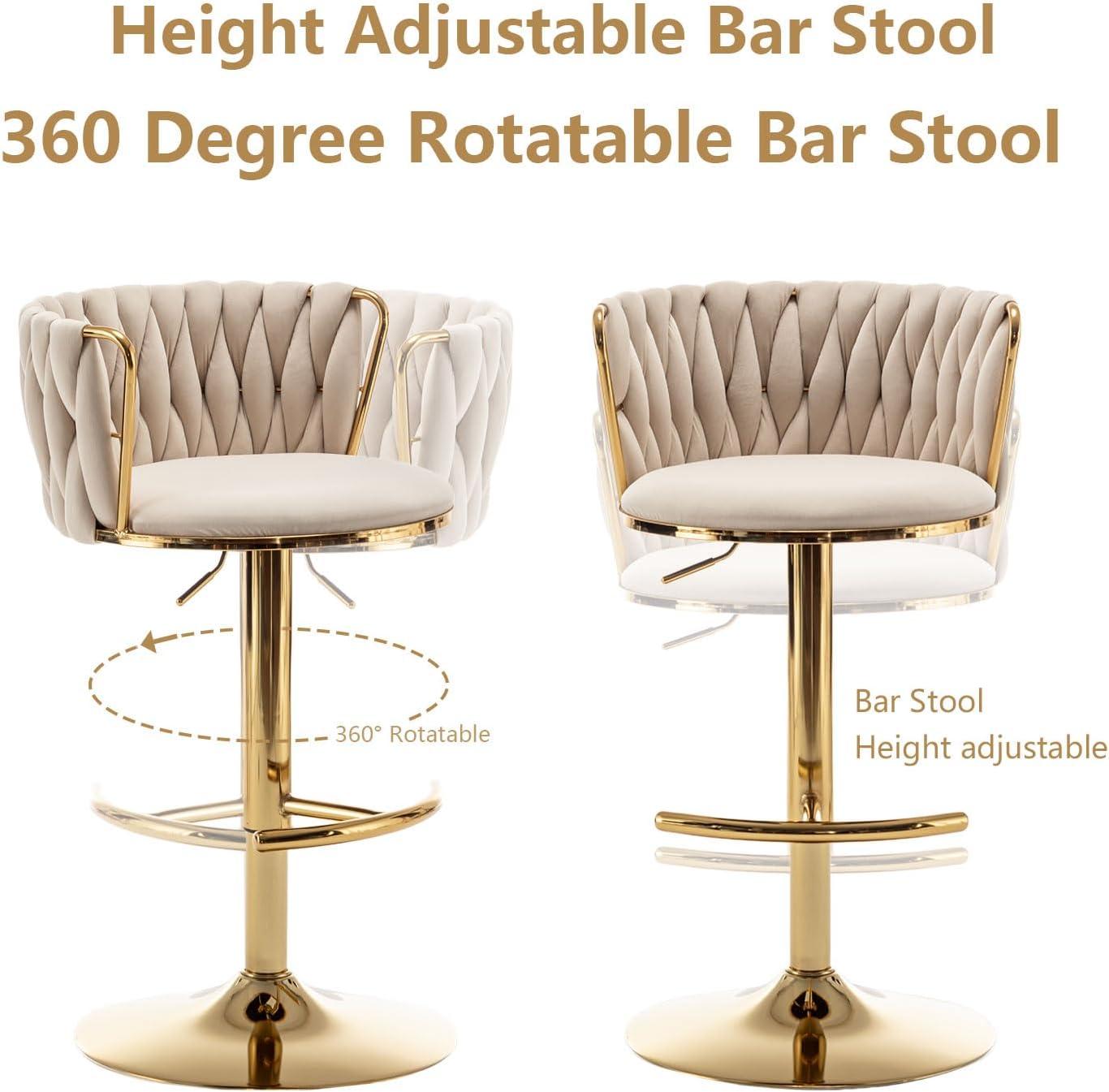 Gold Velvet Bar Stools Set of 4, Counter Height Bar Chairs with Low Back, Swivel Bar Stool for Kitchen Island, Bar Pub (Beige)