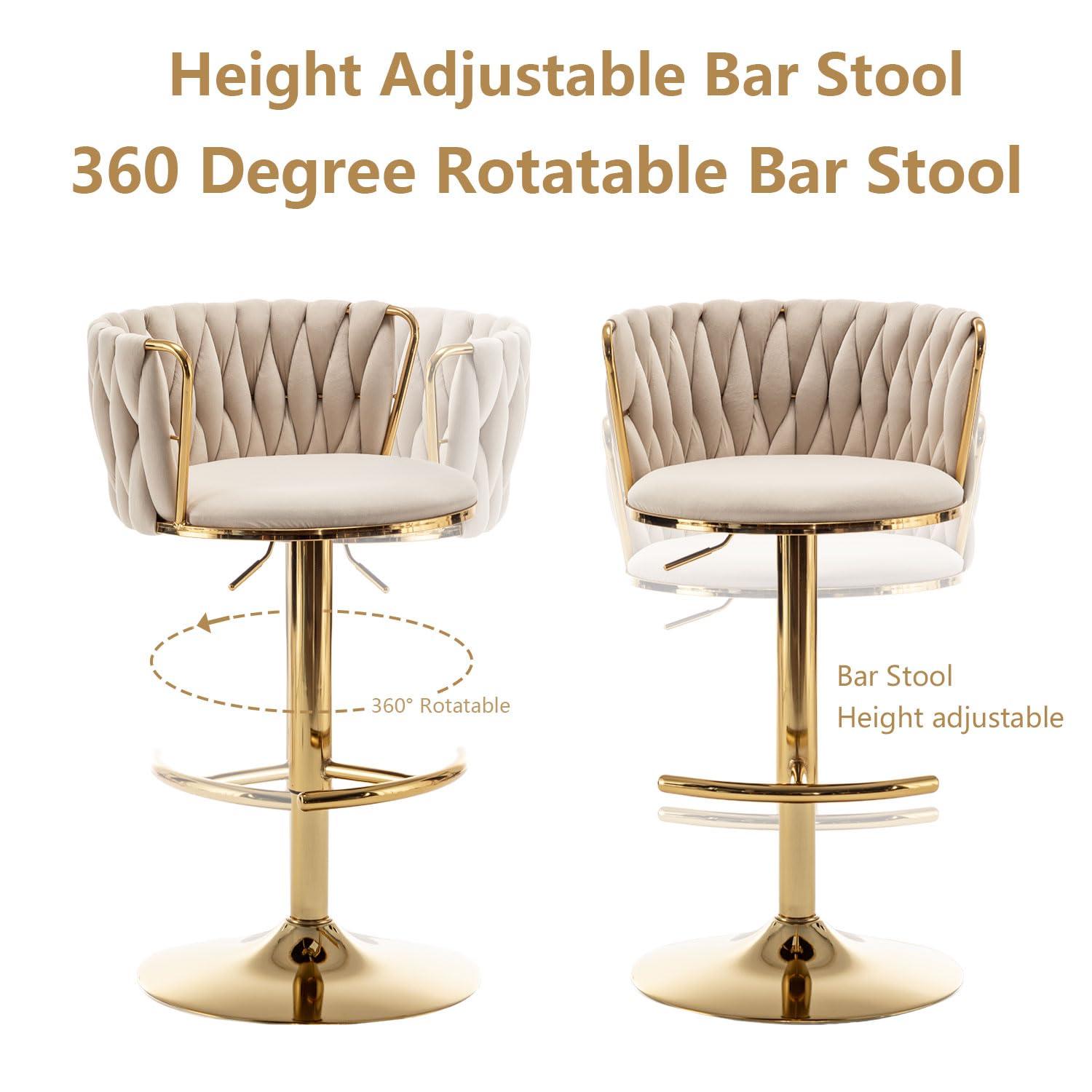 Gold Velvet Bar Stools Set of 4, Counter Height Bar Chairs with Low Back, Swivel Bar Stool for Kitchen Island, Bar Pub (Beige)