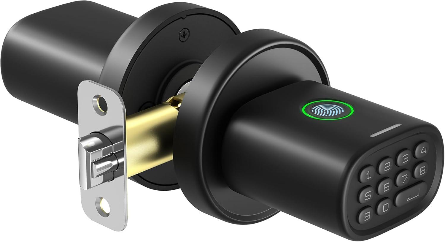 Keyless Entry Door Lock, Fingerprint Door Lock With Keypad Biometric Door Handle, Automatic Locking, For Interior Doors Up To 2-1/4" Thick, Bedroom, Home Office, Garage, 4 AA Alkaline Batteries, MD1 Black