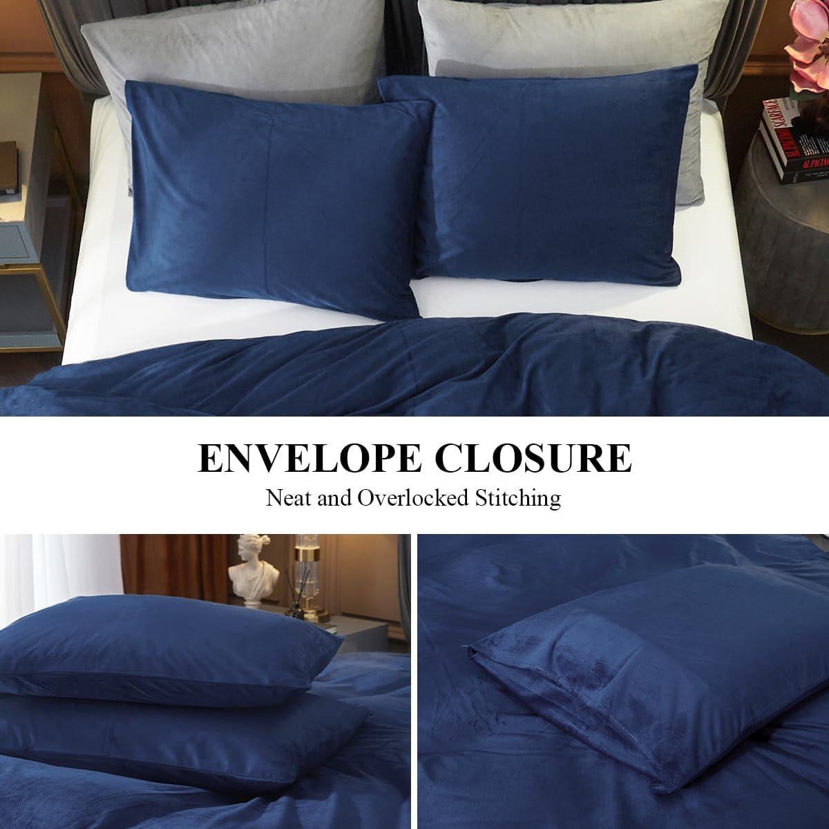 Ivellow Velvet Duvet Cover Queen Size 3 Pcs Flannel Navy Blue Duvet Cover Queen Velvet Comforter Cover Bedding Set Ultra Soft Cozy Solid Luxury Velour Duvet Cover Set Zipper Closure Corner Ties