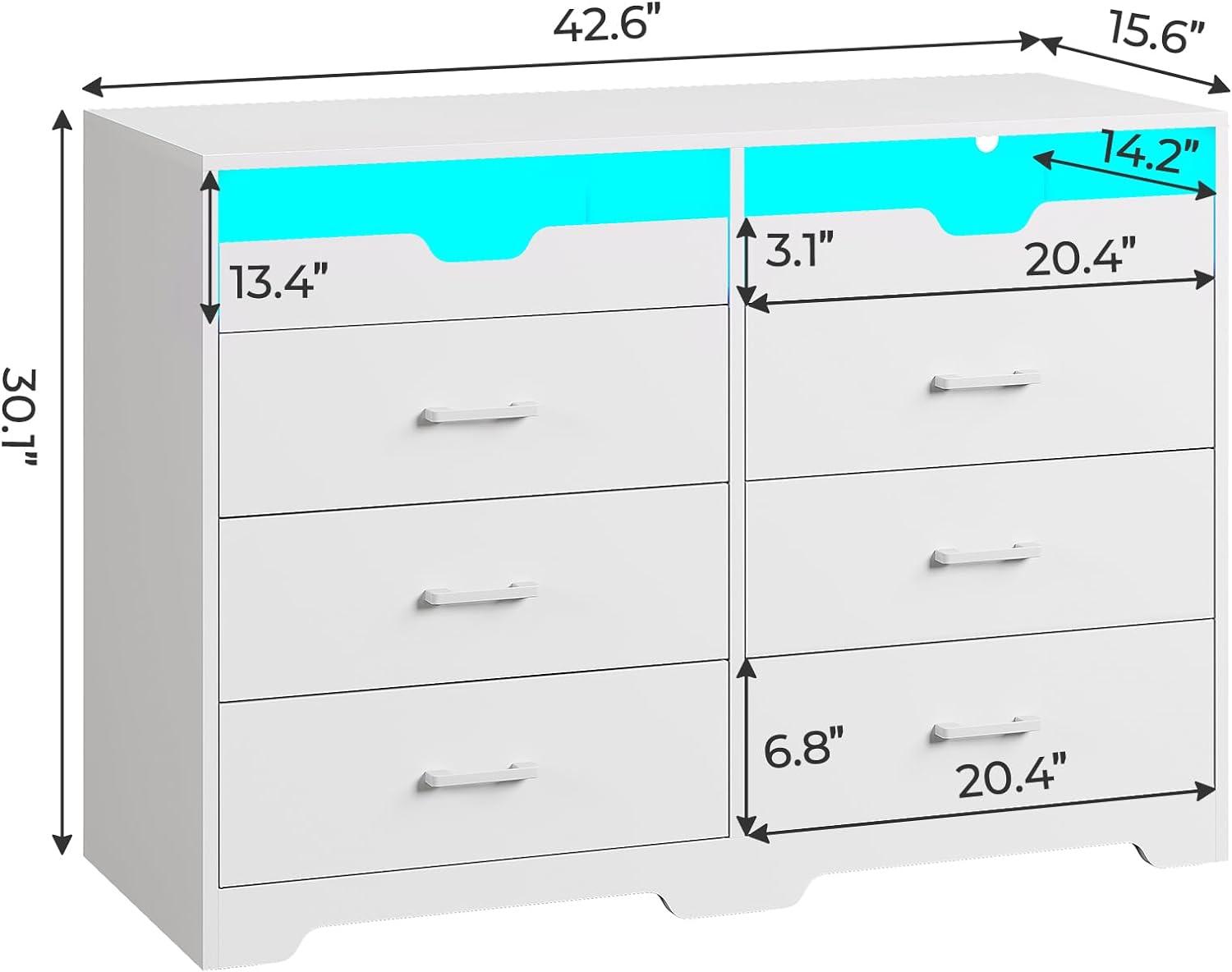 6 Drawers Dresser with LED Lights&Pull-Out Tray for Bedroom,Modern Double Dresser Chest of Drawers Storage Organizer for Living Room, White