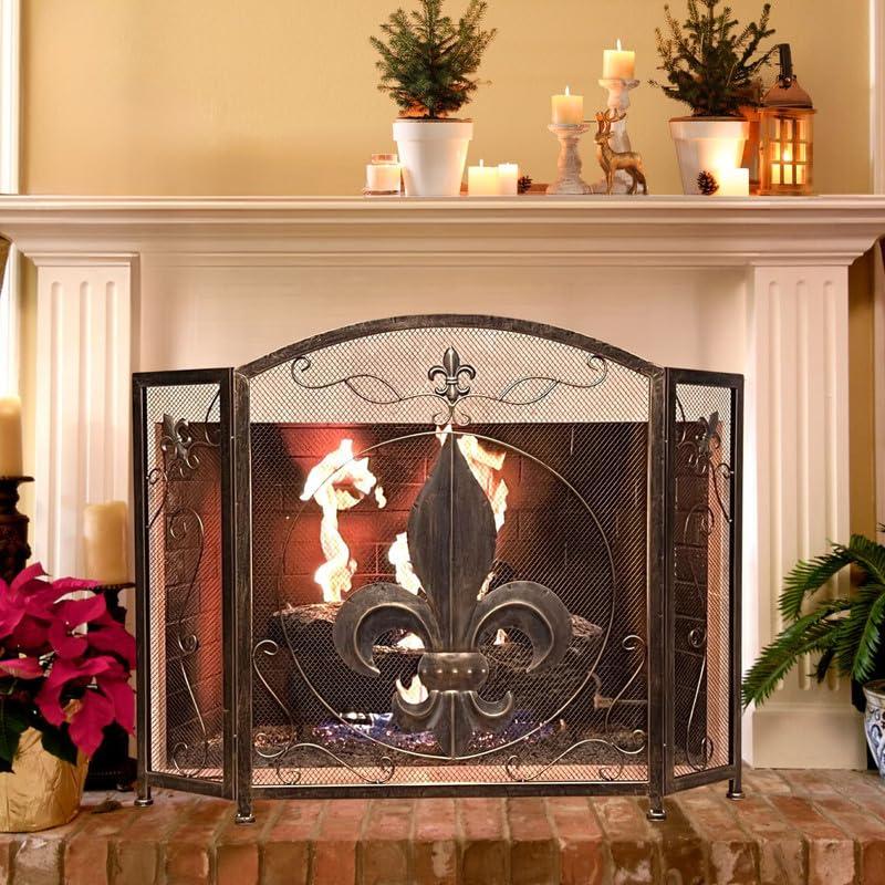 BestGiftEver 3-Panel Fireplace Screen Decorative with Fleur De Lis Design Vintage Golden Bronze Tone - Stand Alone Decorative Wrought Iron Mesh French Royal Style Fireplace Cover, Classic Home Decor