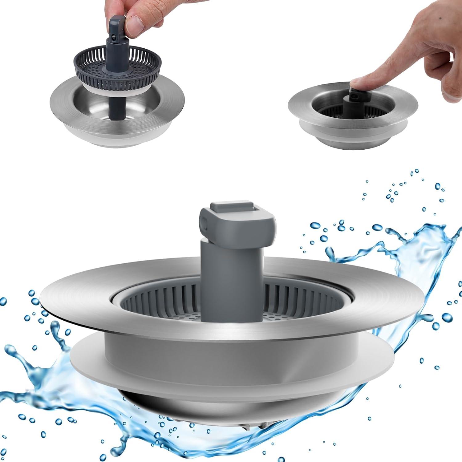 Hibbent 3-in-1 Kitchen Sink Drain Strainer  Stopper , Stainless Steel Pop-Up Design, Anti-Clogging Metal Basket with Handle, Compatible with US Standard 3-1/2" Drain