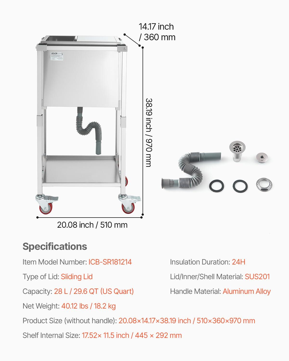 VEVOR 32qt Rolling Ice Chest Cooler Cart Outdoor Stand Up Cooling Bin on Wheels
