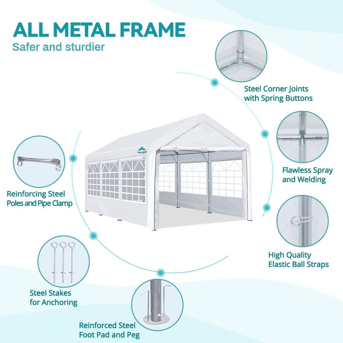 ADVANCE OUTDOOR 10'x20' Heavy Duty Steel Carport Car Canopy, Adjustable Height from 9.5ft to 11ft with Removable Window Sidewalls and Doors, White