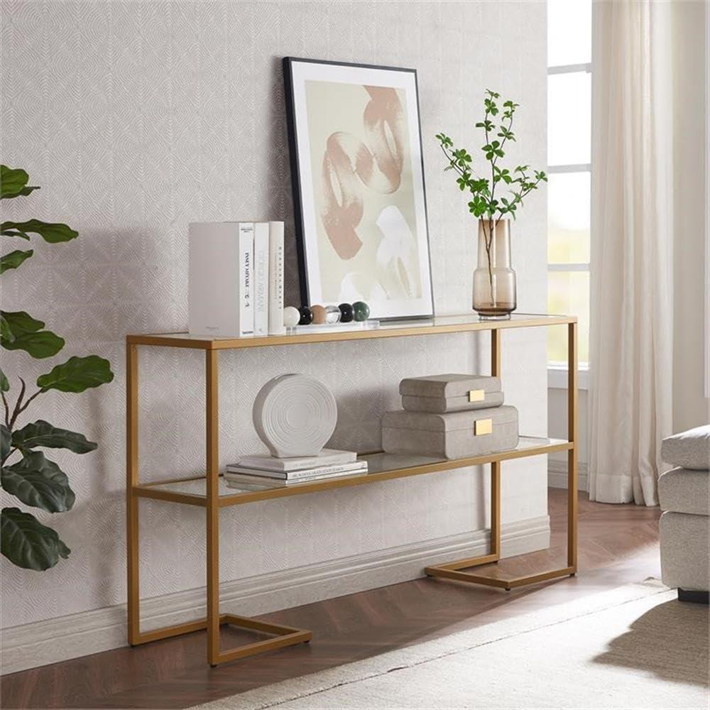 Evelyn&Zoe Errol 55" Wide Rectangular Console Table with Glass Top in Gold