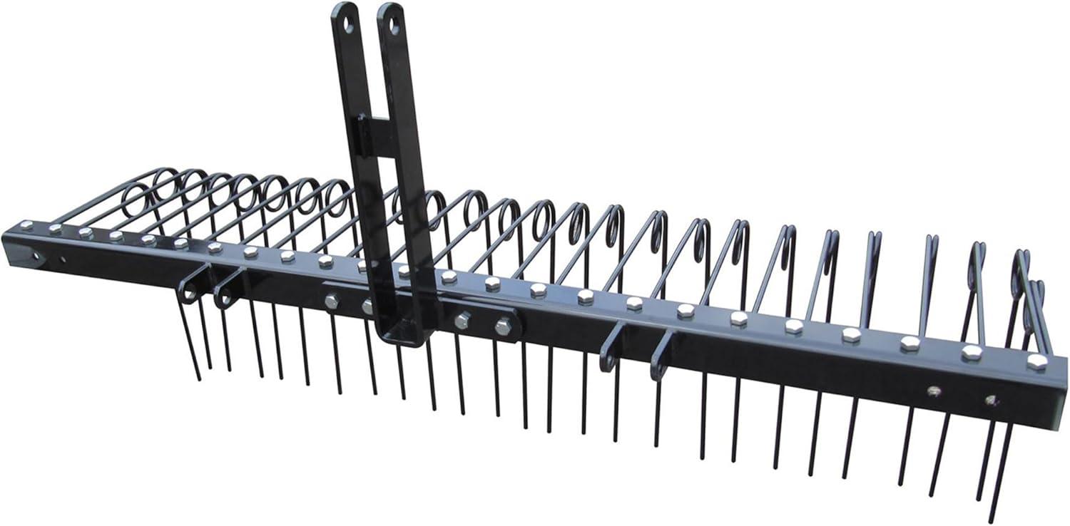 Field Tuff Steel Spring Coil Tine Tow Behind Landscape Rake for Leaves, Pine Needles, Straw, and Grass with 3 Point Hitch Receiver Attachment, Black