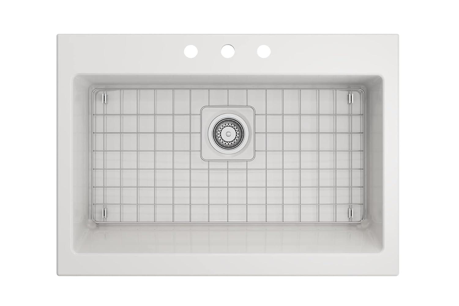 BOCCHI Nuova Apron Front Drop-In Fireclay 34 in. Single Bowl Kitchen Sink with Protective Bottom Grid and Strainer in White