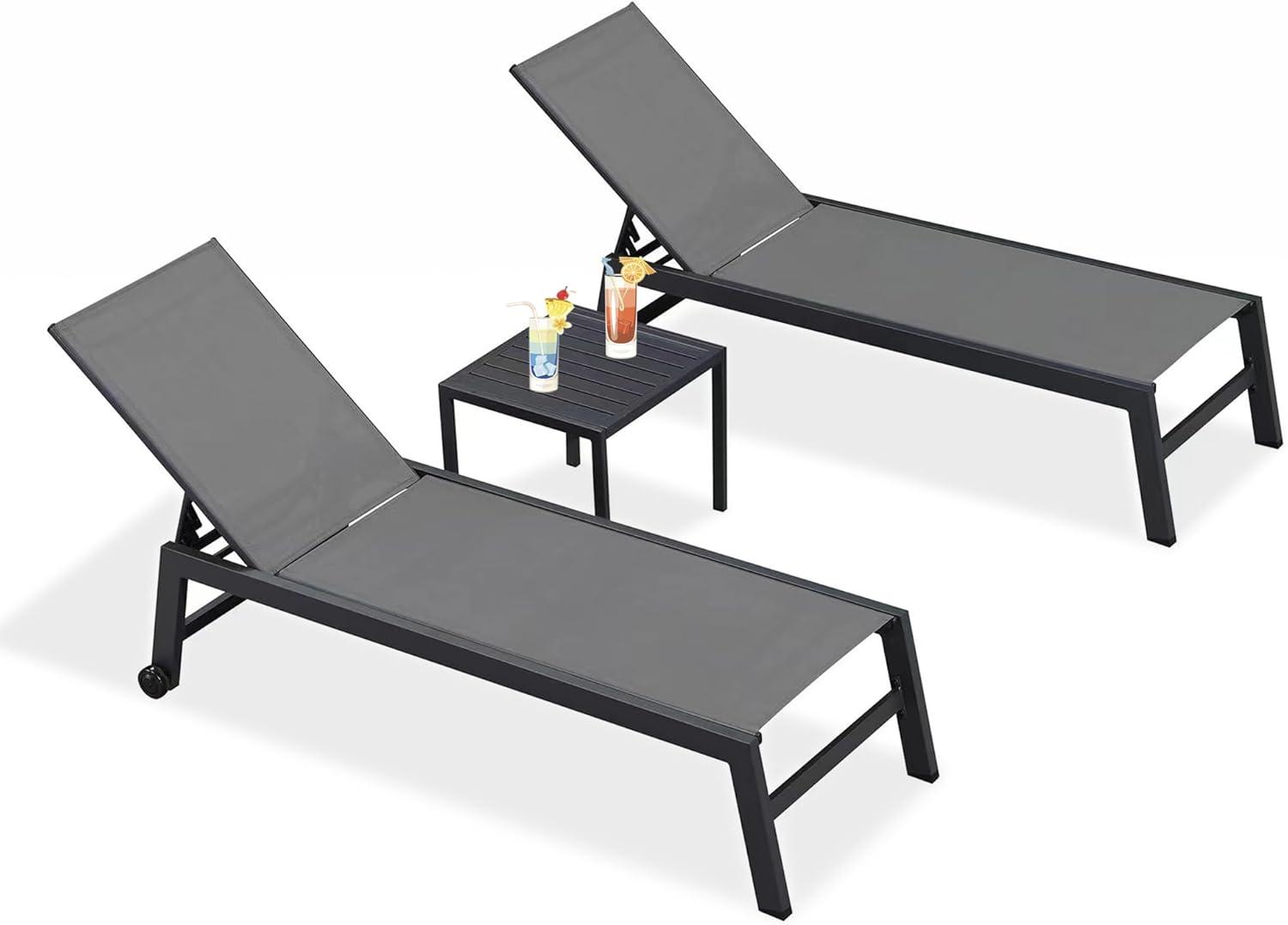 Gray Aluminum Adjustable Patio Chaise Lounge Set with Side Table