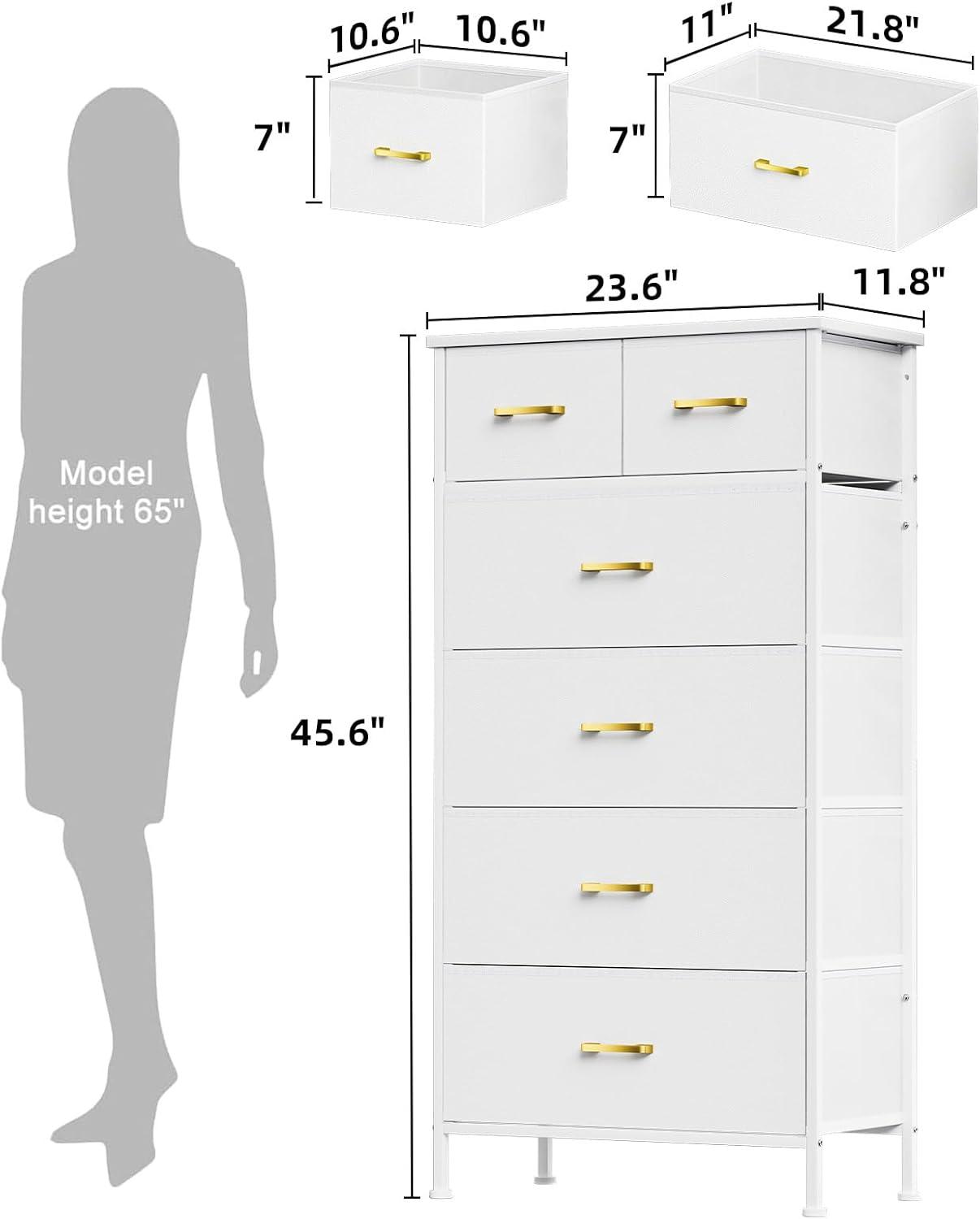 White Tall Dresser with Gold Handles and Fabric Bins