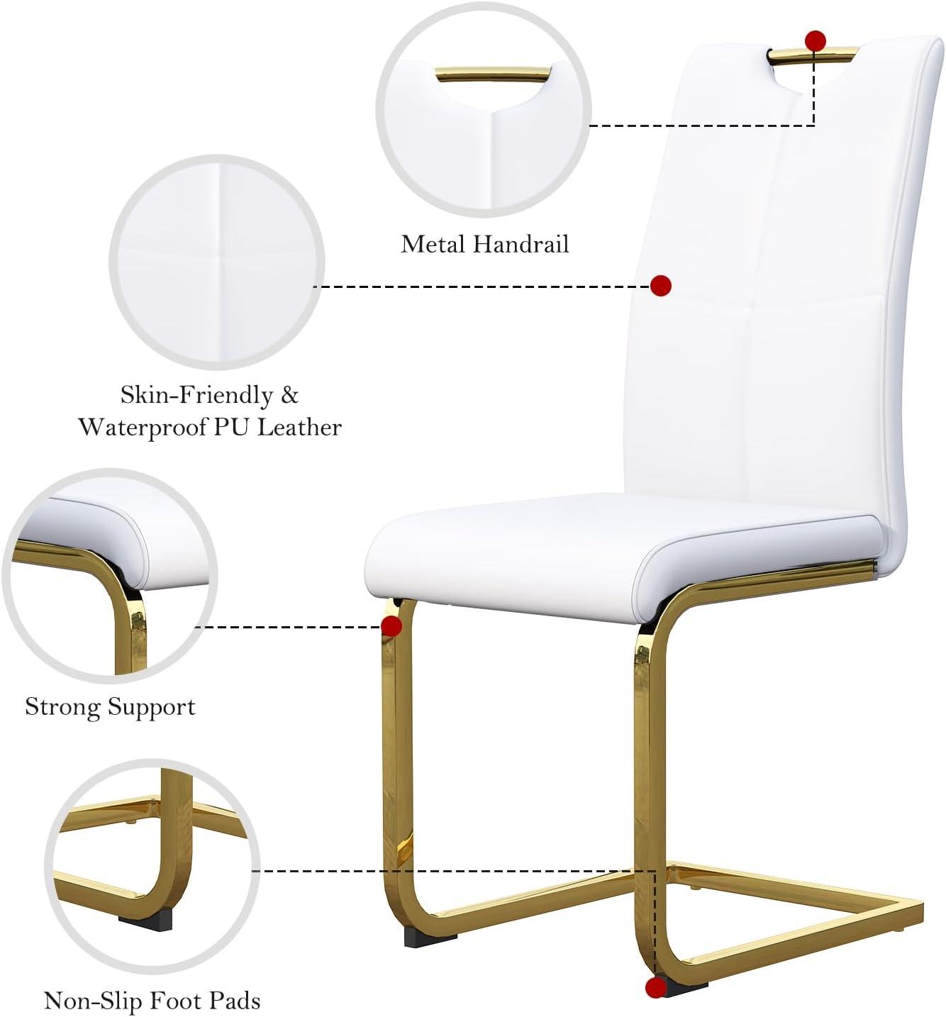 Modern White PU Leather Dining Set with Gold Base and Glass Top