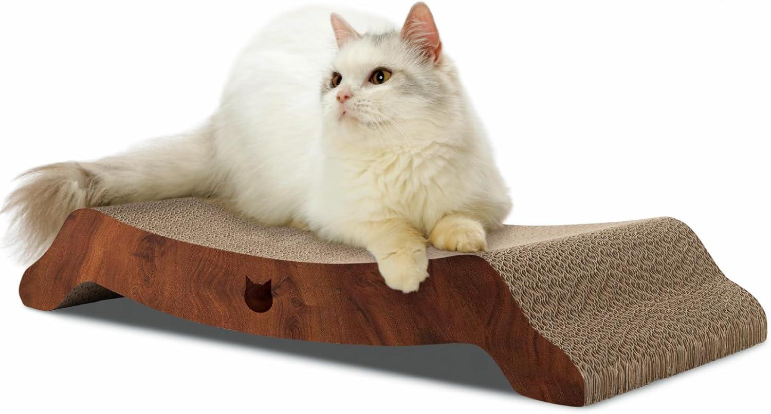 Necoichi Cardboard Cat Scratcher Bed for Indoor Cats - Cat Scratching Board, Horizontal Cat Scratch Pad Lounger with Reversible Usability and Extra Comfort for Lounge, Curved (22" Large, Dark Cherry)