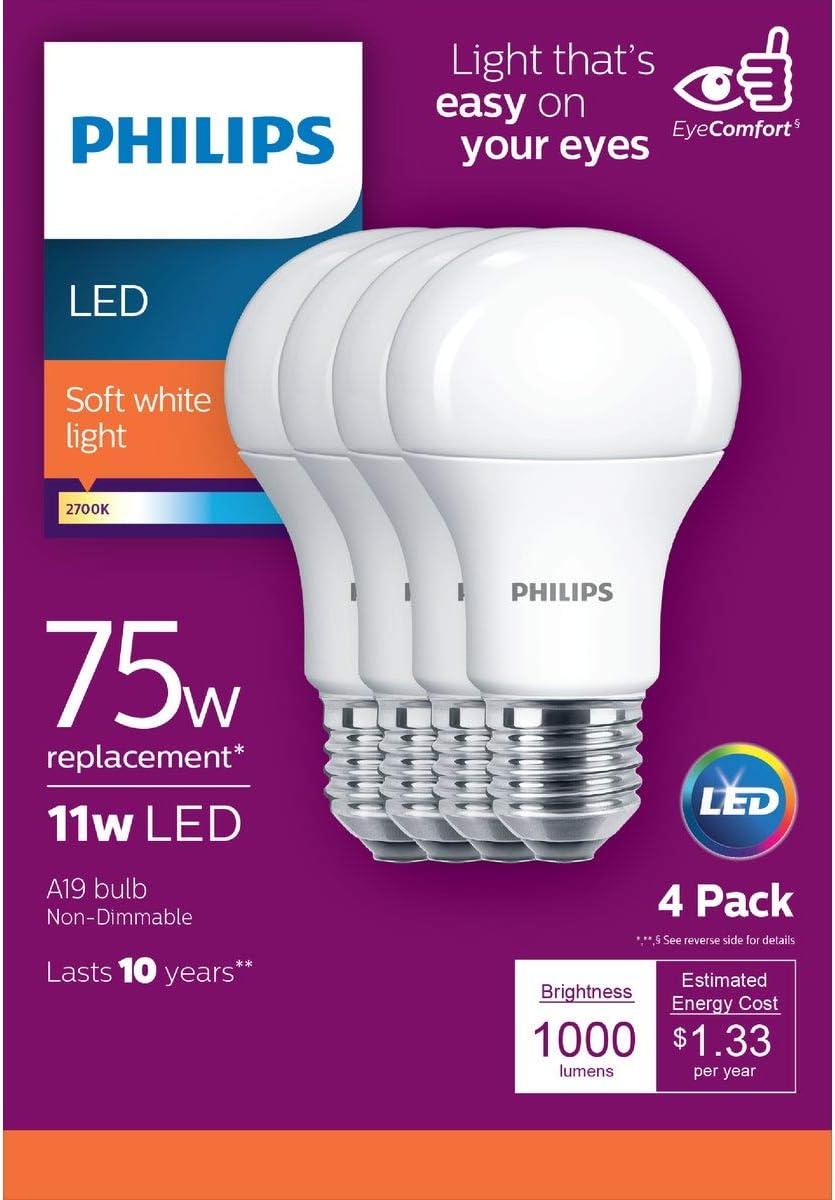 Philips Soft White Dimmable LED A19 Light Bulb Pack